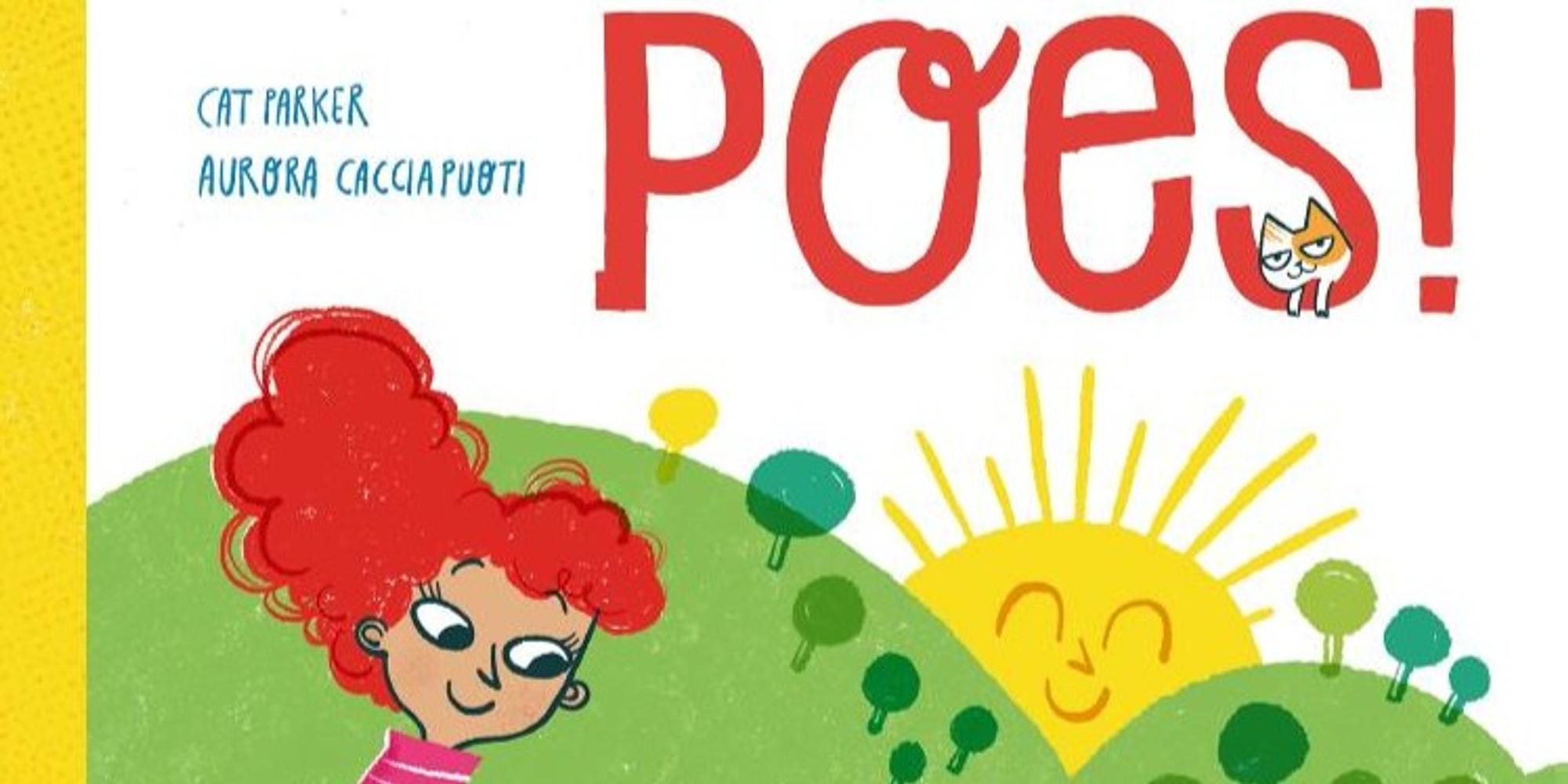 Omslag van kinderboek ‘Poes!’ met een illustratie van een meisje, een lachende zon en een kat.