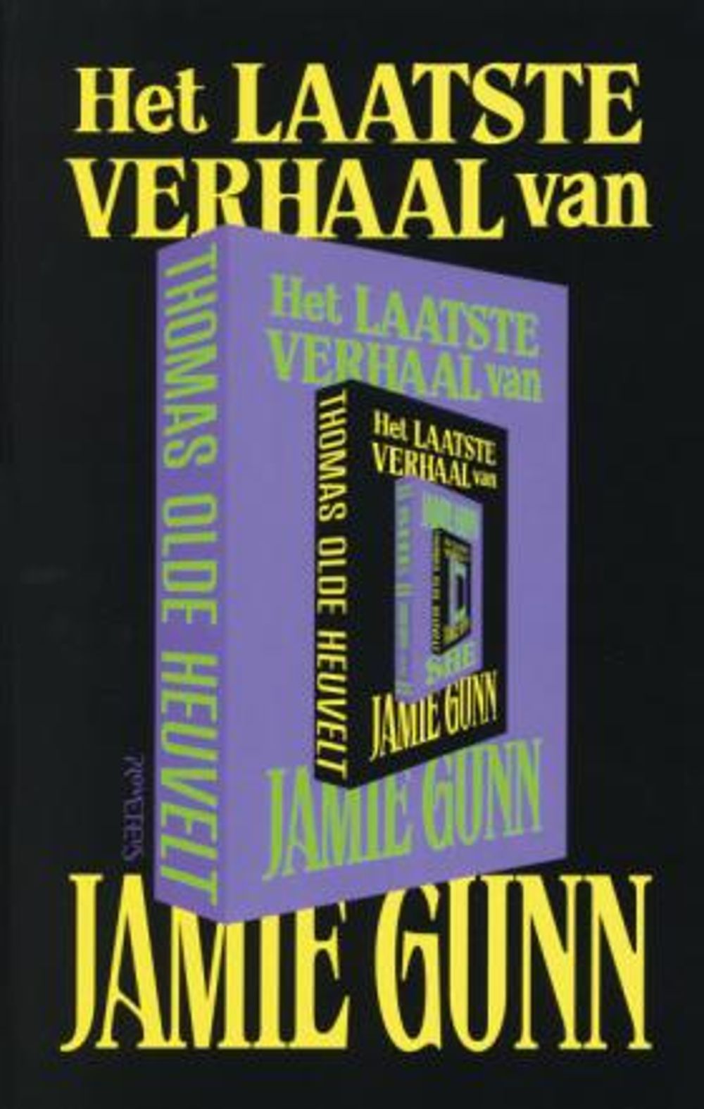 Zwarte cover met gele en paarse typografie.
