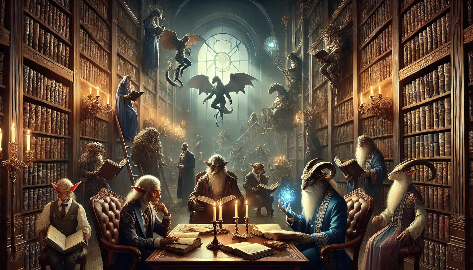 Een afbeelding dat gegenereerd lijkt door AI waarbij verschillende fantasiewezens in een bibliotheek aan tafel zitten en rondvliegen in de ruimte, zoals draak- en geitachtige wezens. 