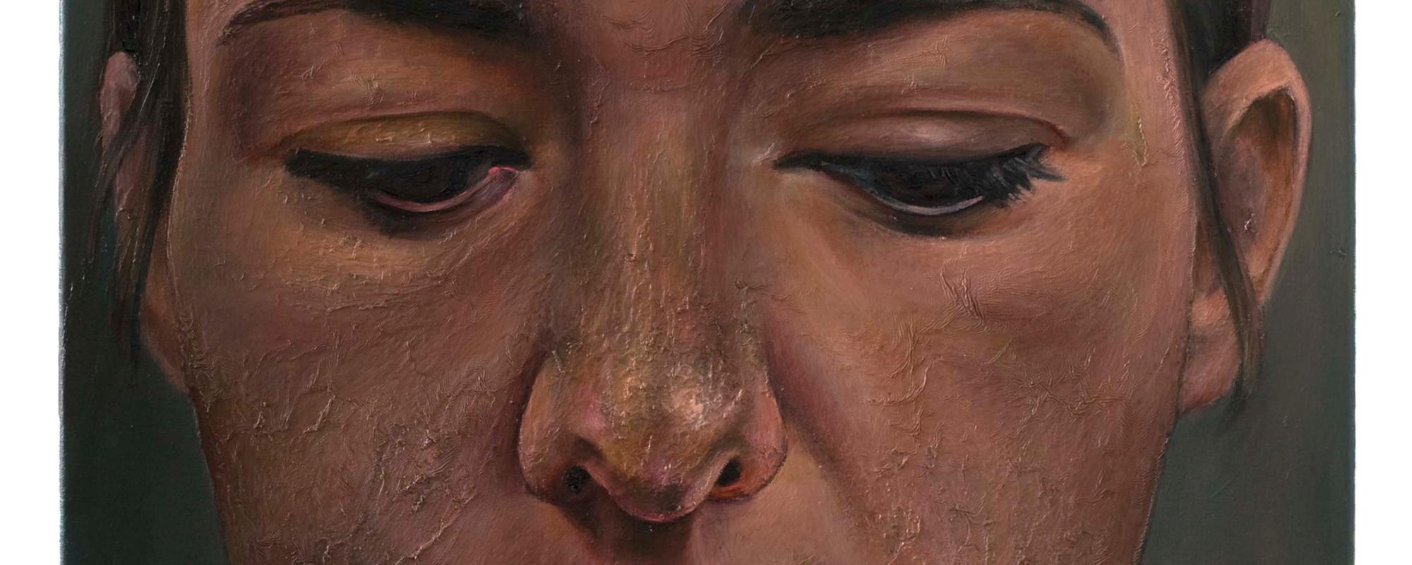 Ina van Zyl, Selfportrait With Downcast Eyes, 2007, olieverf op doek, 75 x 55 cm, collectie Kunstmuseum Den Haag, Fotografie Arjan Benning, courtesy Galerie Onrust, Amsterdam