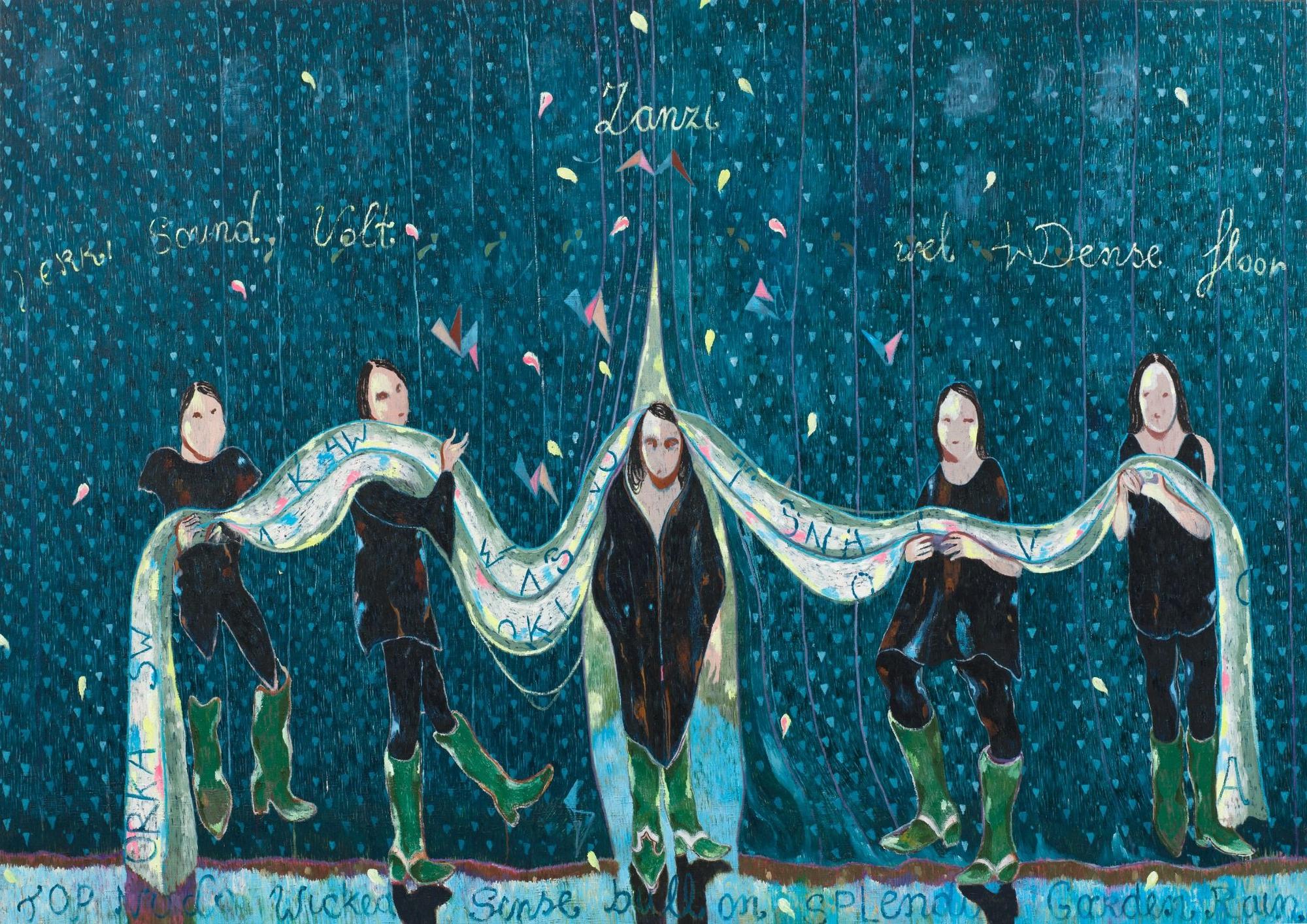 Schilderij van vijf figuren in donkere kleding en groene laarzen die samen een lint dragen, op een diepblauwe achtergrond met vallende confetti.
