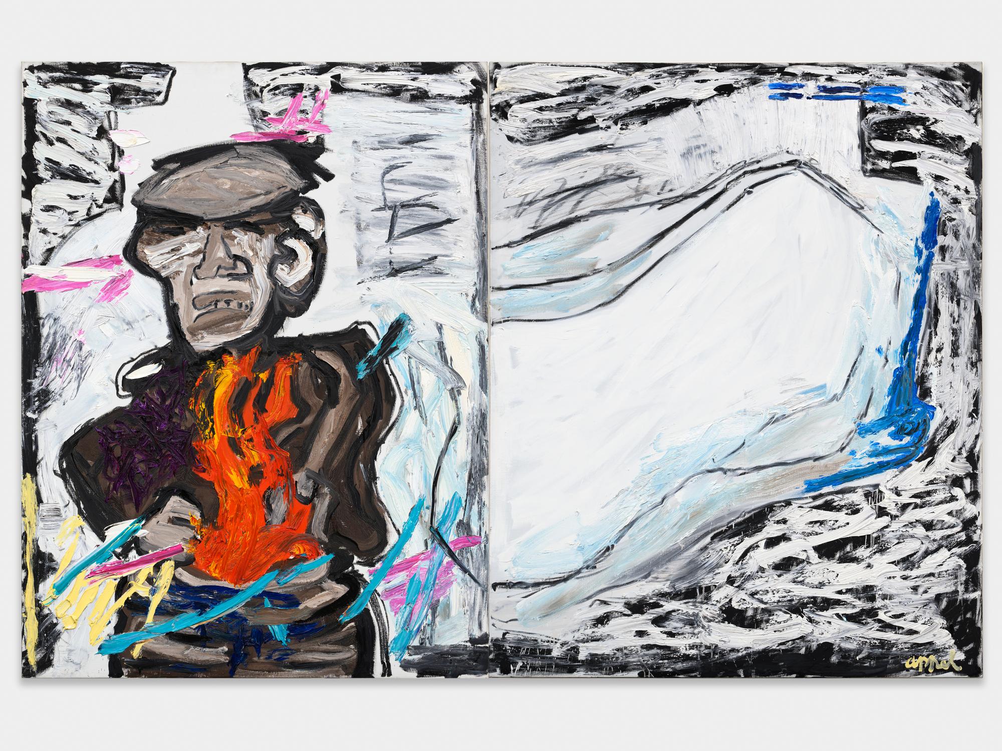 Schilderij van Karel Appel, links een ruig geschilderde figuur met hoed en felgekleurde verfstreken, rechts een bijna abstract wit landschap met donkere accenten.