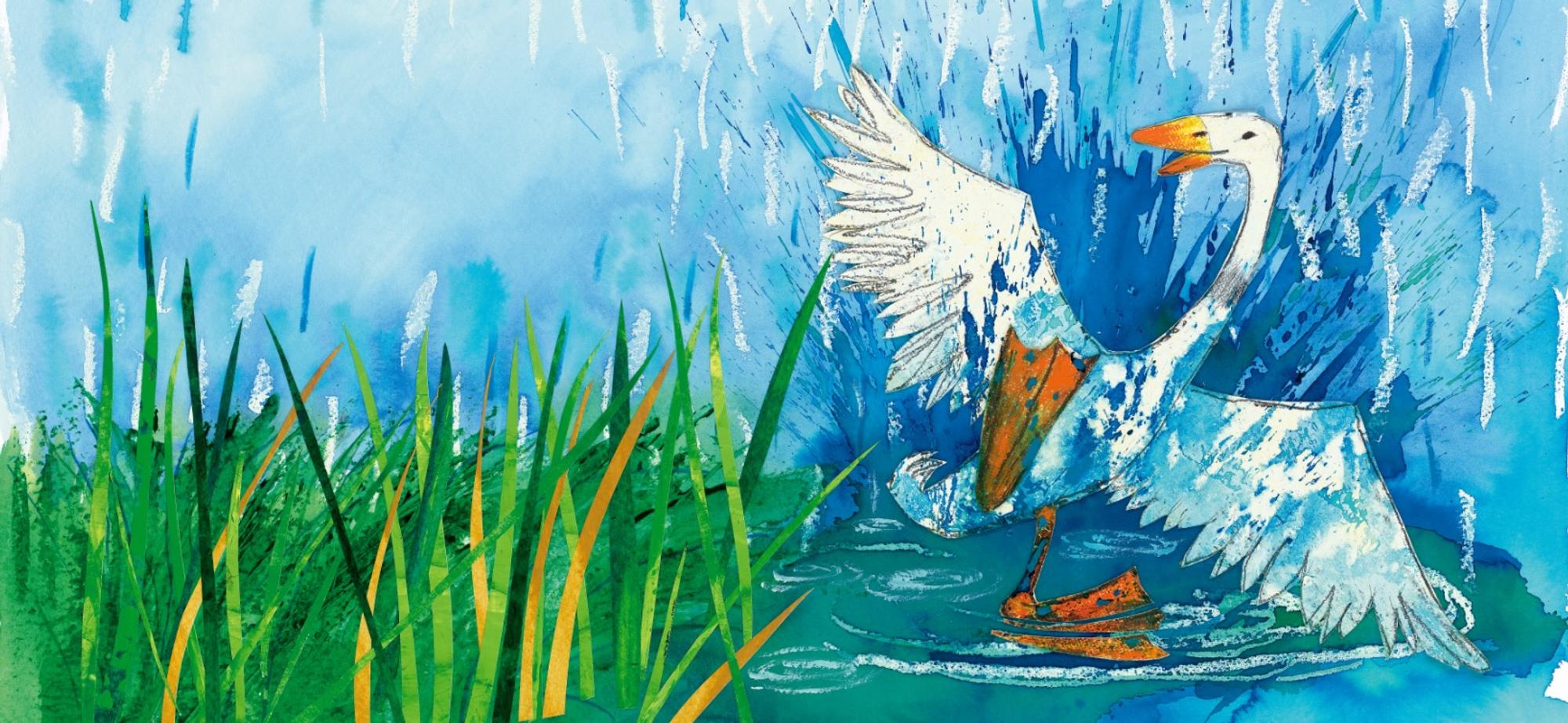 Een schilderachtige afbeelding van een eend die in het water spettert met links wat groen/geel gras in beeld. 