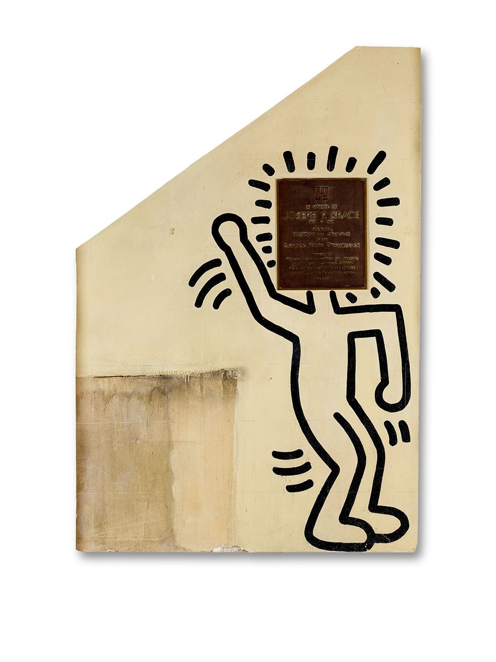 Muur onderdeel van de Grace House Mural van Keith Haring, met een zwart figuur op de muur.