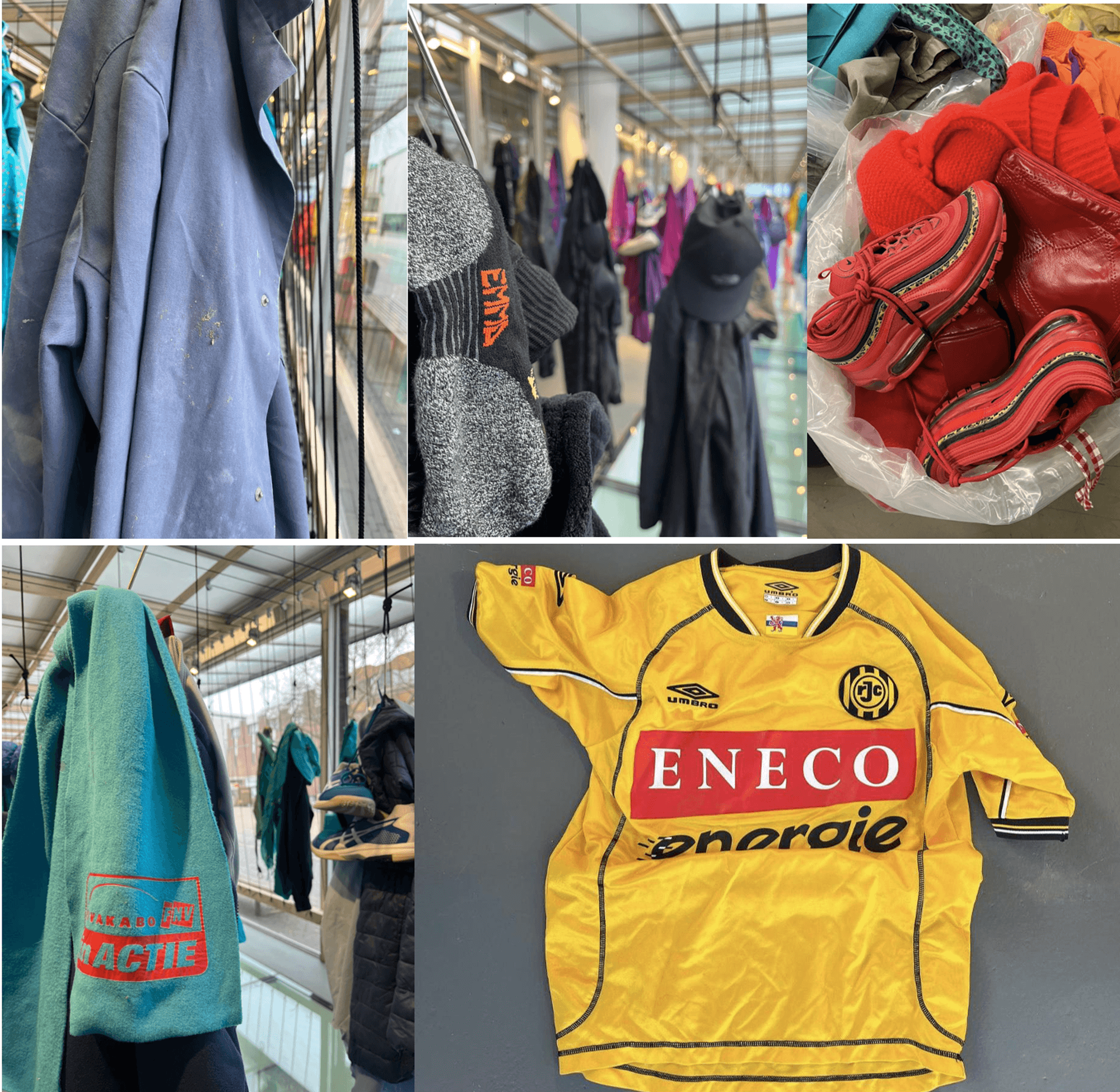 "Collage van foto's van kledingstukken in de vitrine van SCHUNCK: linksboven een blauwe jas, middenboven handschoenen en mutsen aan haken, rechtsboven rode schoenen en kleding in een plastic zak, linksonder een groen-blauw kledingstuk met rode tekst, rechtsonder een geel voetbalshirt van Roda JC met sponsorlogo's.