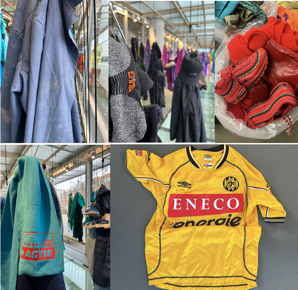 "Collage van foto's van kledingstukken in de vitrine van SCHUNCK: linksboven een blauwe jas, middenboven handschoenen en mutsen aan haken, rechtsboven rode schoenen en kleding in een plastic zak, linksonder een groen-blauw kledingstuk met rode tekst, rechtsonder een geel voetbalshirt van Roda JC met sponsorlogo's.