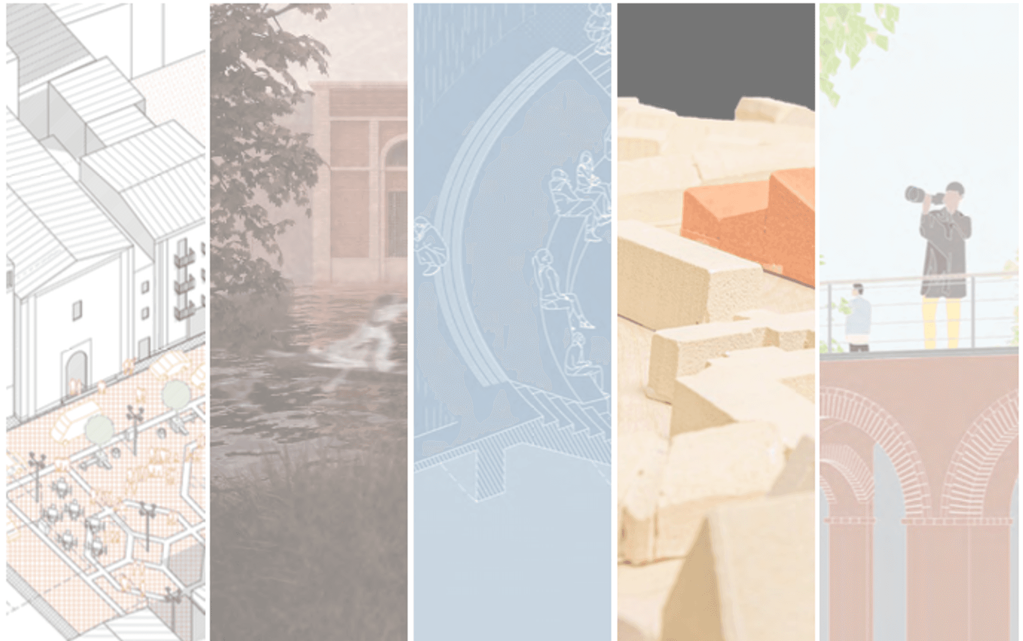 Online Lezing Winnaars Eap 2021 Collage van vijf maquettes van de winnaars van de Euregionale Architectuur Prijs.