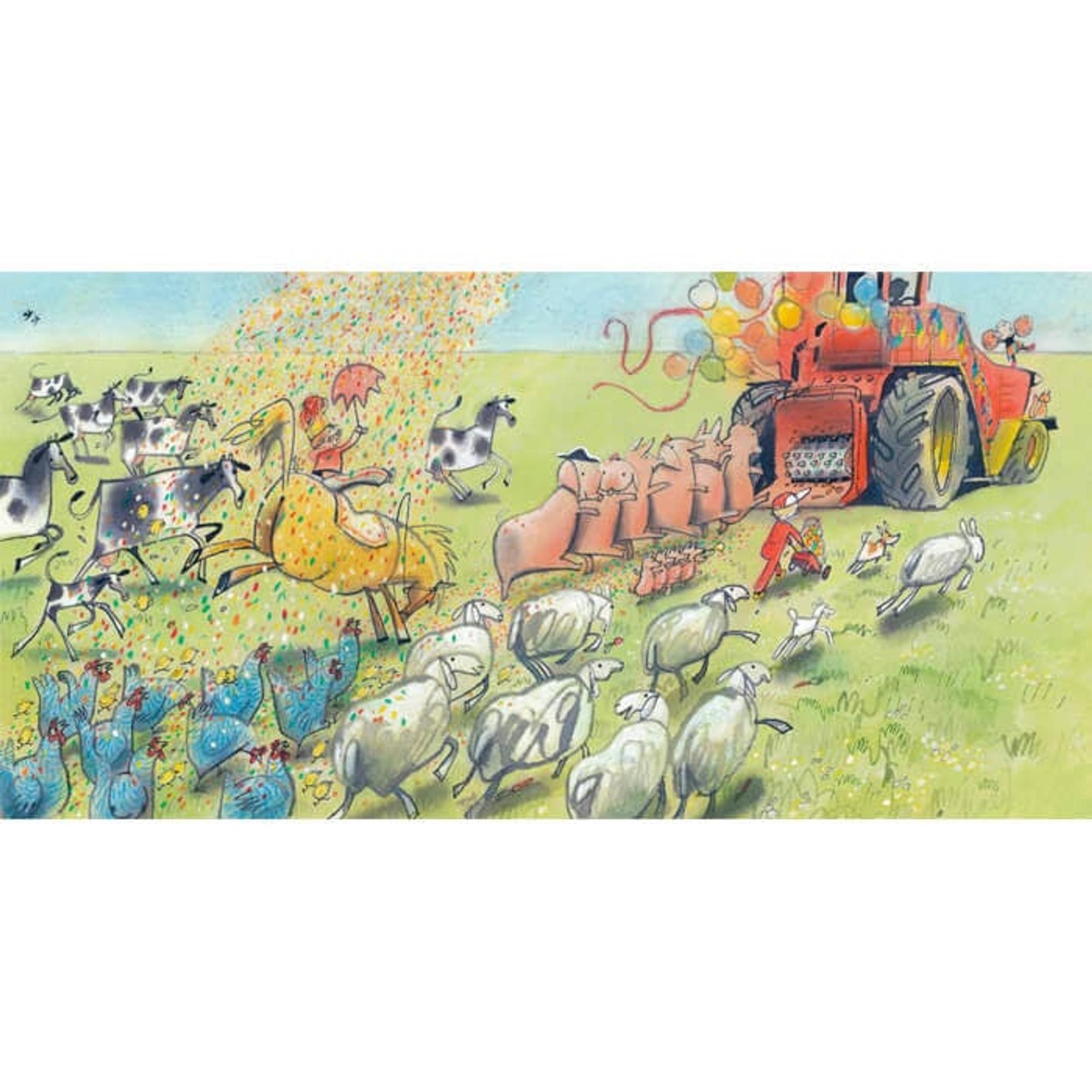 Illustratie van een figuur op een tractor, terwijl achter de tractor een groep boerderijdieren feest viert en de tractor achtervolgen. 
