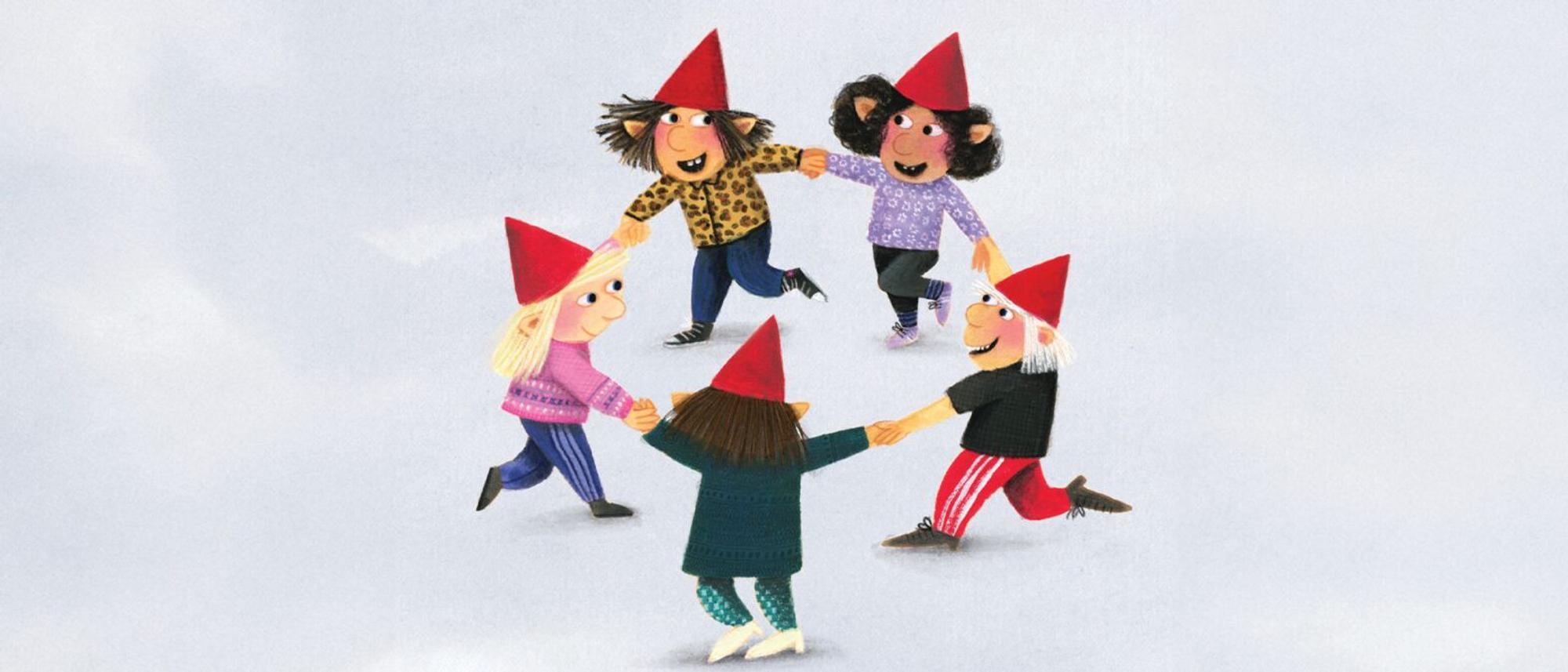 Illustratie van vijf kabouters met rode puntmutsen die hand in hand in een cirkel staan en samen dansen op een lichte, effen achtergrond. Elke kabouter draagt een verschillend patroon en kleur kleding, zoals gestreepte broeken, gekleurde truien en jasjes. De figuren bewegen speels en vormen een gesloten ring.