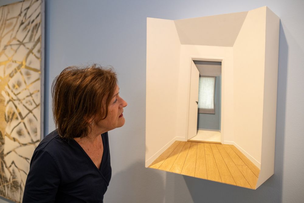 Een vrouw in een zwarte trui kijkt naar een schilderij van een gang, geschilderd in 3D, waardoor het lijkt alsof de gang echt is.