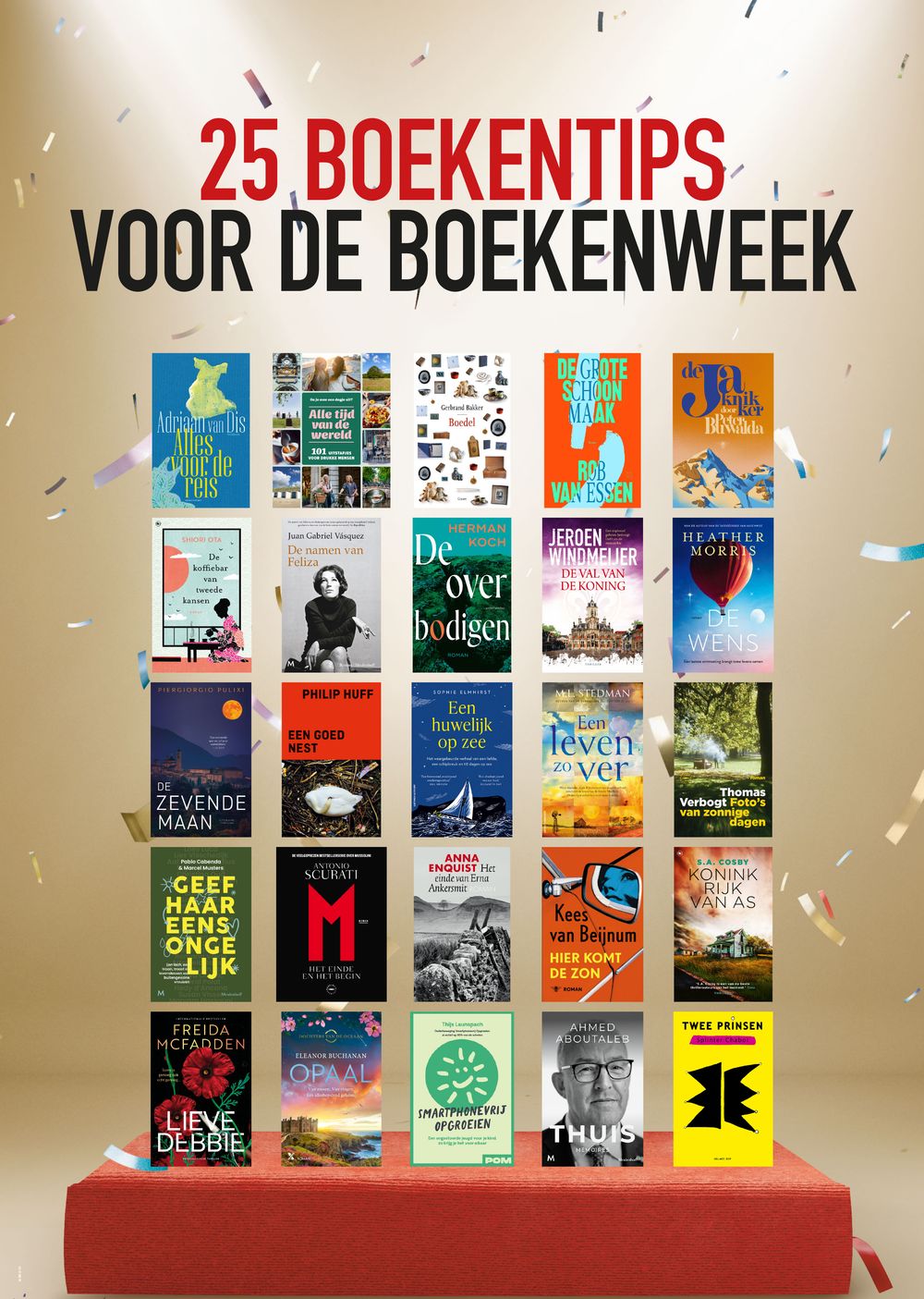 Overzicht van 25 boekenkaften op een gouden achtergrond, als tips in het kader van de Boekenweek 2026.