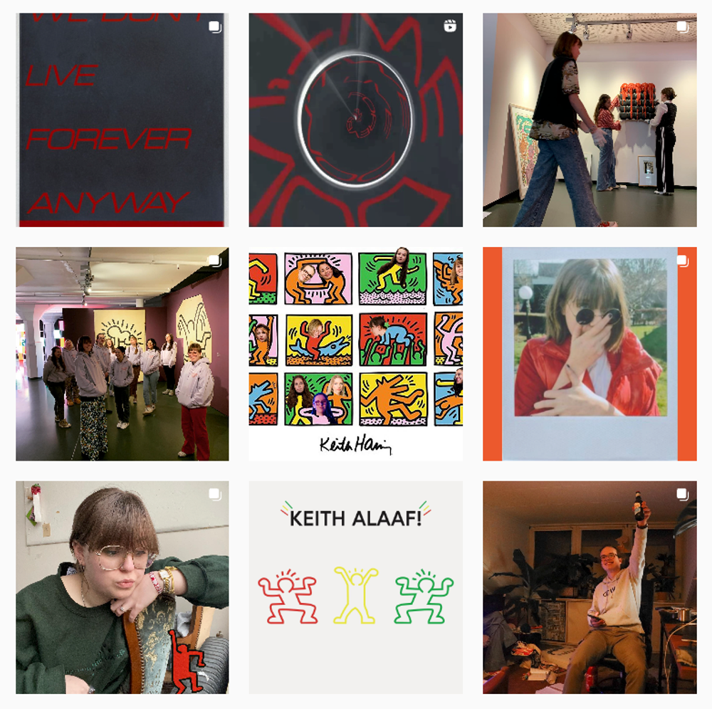 Screenshot van een grid met negen Instagramfoto’s, waarop leden van Driver’s Seat poseren en beelden van Keith Haring.