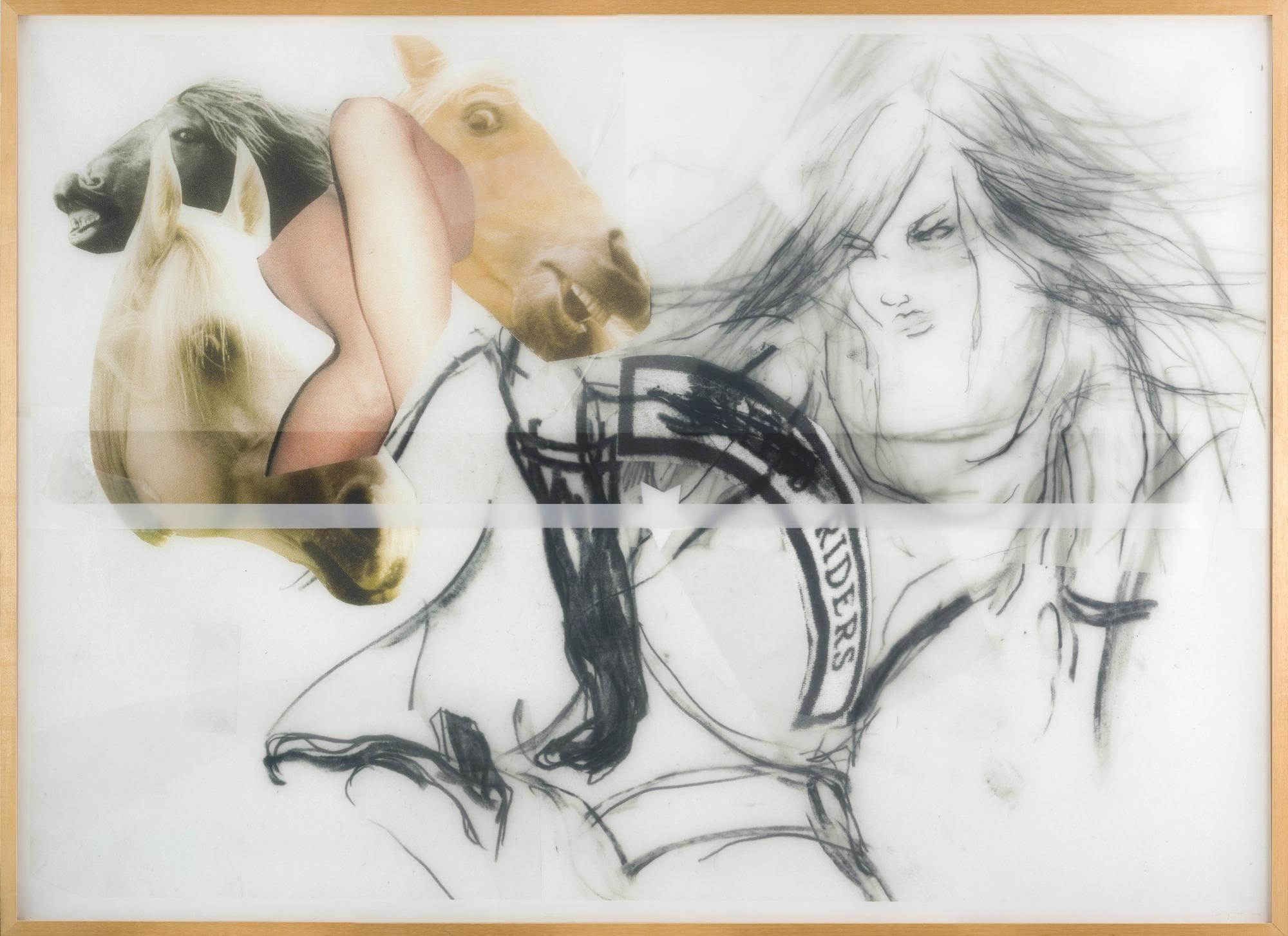 Collageachtig werk van Donya Saed met getekende figuren en paarden, gecombineerd met transparante lagen en fotografische elementen op licht papier.