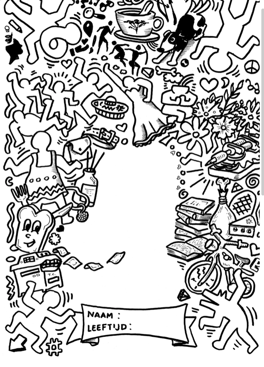 Zwart-wit tekening met diverse krabbels en illustraties: De tekening bevat abstracte vormen, dansende mensen, muzieknoten, bloemen, boeken, een fiets, een jurk aan een hanger, voedsel zoals brood en ijsjes, en andere speelse elementen. Onderaan de afbeelding is een rechthoekig vak met tekstvelden gelabeld "NAAM:" en "LEEFTIJD:".