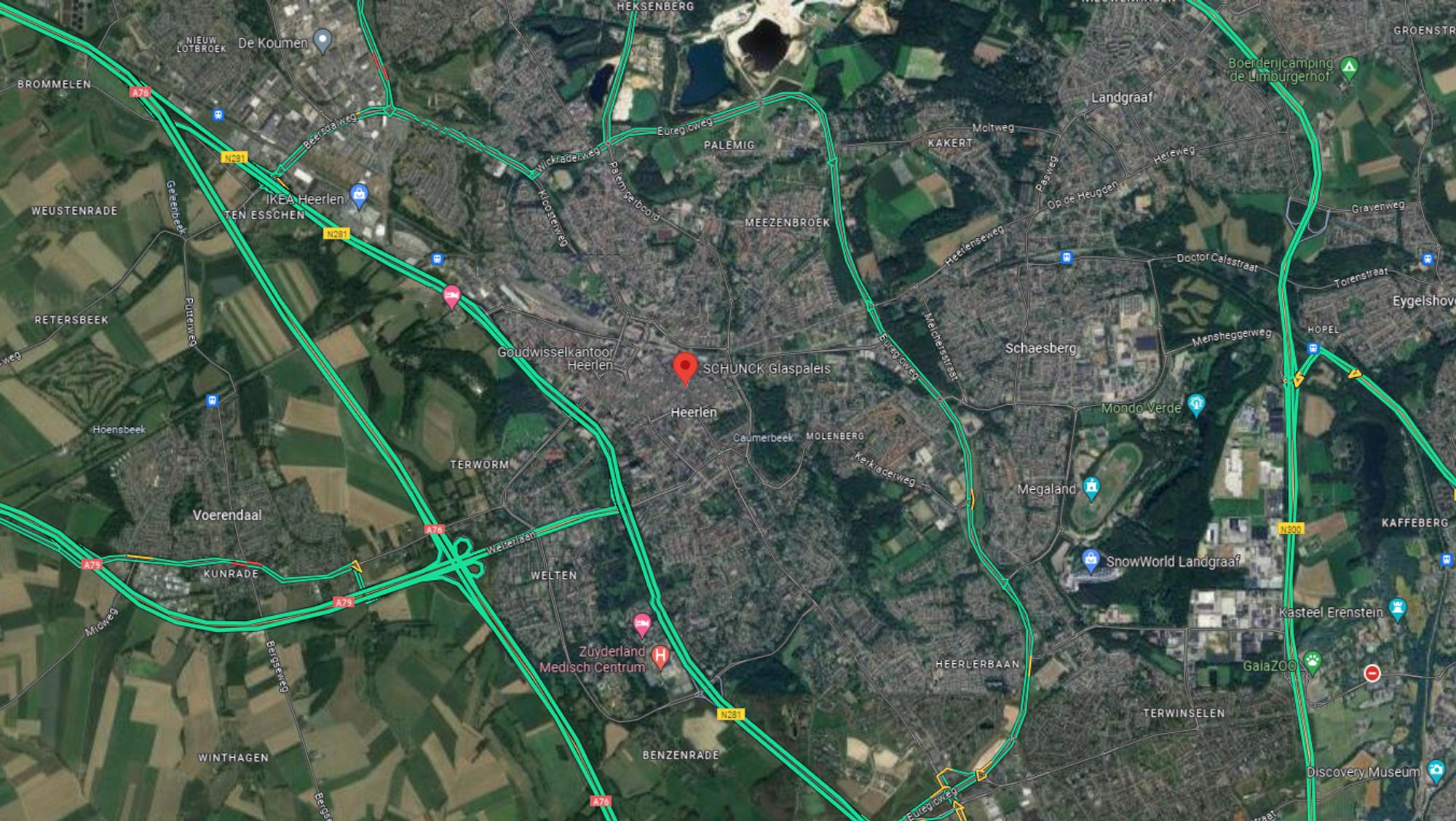 Schermafbeelding van een plattegrond van Heerlen, met de locatie van SCHUNCK gemarkeerd.