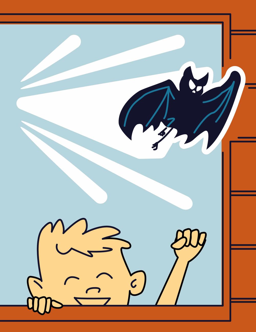 Tekening van prentenboek Billy The Bat, jongentje die juigt en een vleermuis erboven die vliegt. 