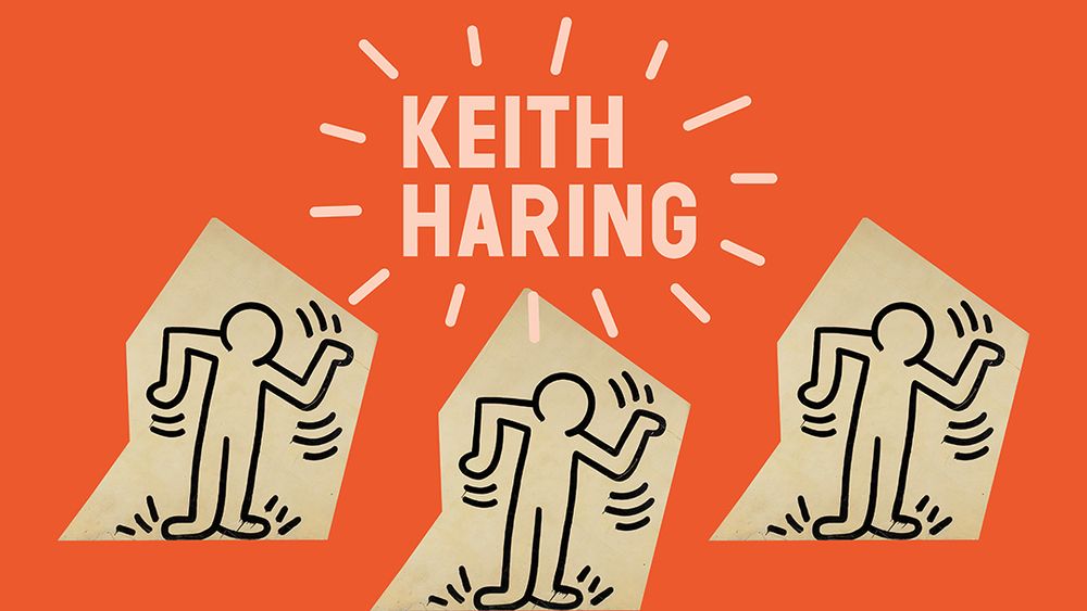 Poster met tekst en tekeningen: "KEITH HARING" in witte letters op een oranje achtergrond, omringd door stralende lijnen. Onder de tekst staan drie identieke tekeningen van een gestileerde menselijke figuur met opgeheven armen en lijnen die beweging suggereren.