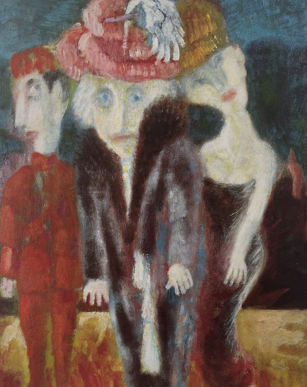 Schilderij van Aad de Haas met drie gestileerde figuren in expressieve kleuren. In het midden staat een persoon met een bontjas en een grote hoed met witte veer, geflankeerd door een figuur in rood en een lichtere gestalte op de achtergrond.